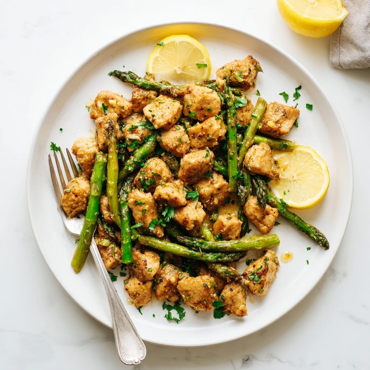 Tender golden brown chicken cubes with asparagus in a creamy garlic butter sauce