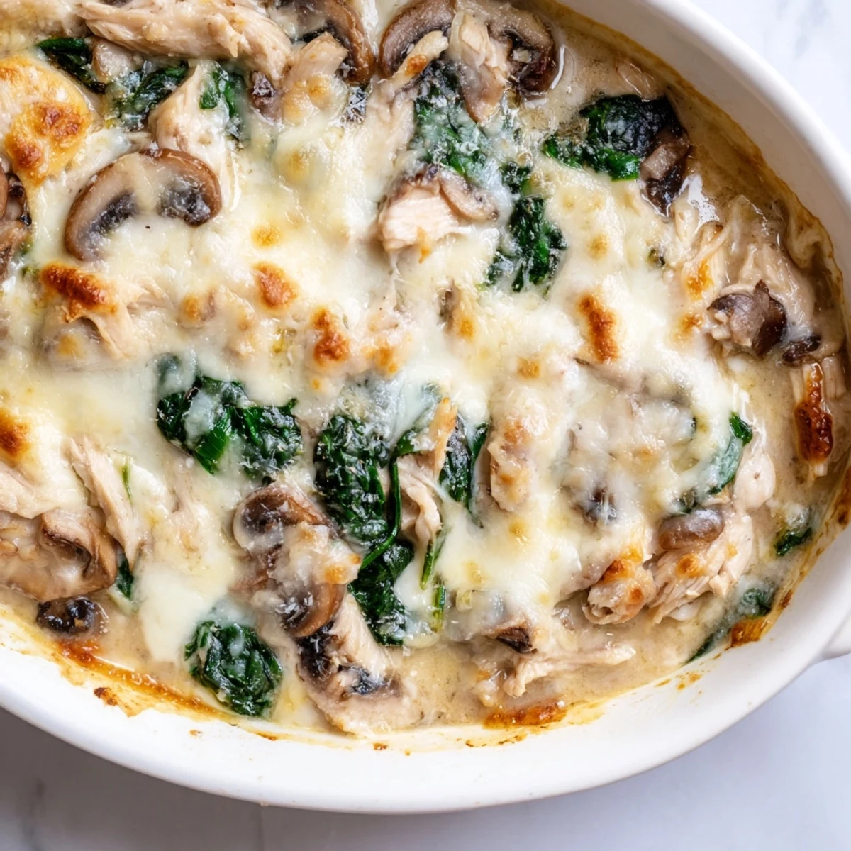 Golden bubbling low carb chicken spinach mushroom bake fresh from oven with melted mozzarella topping