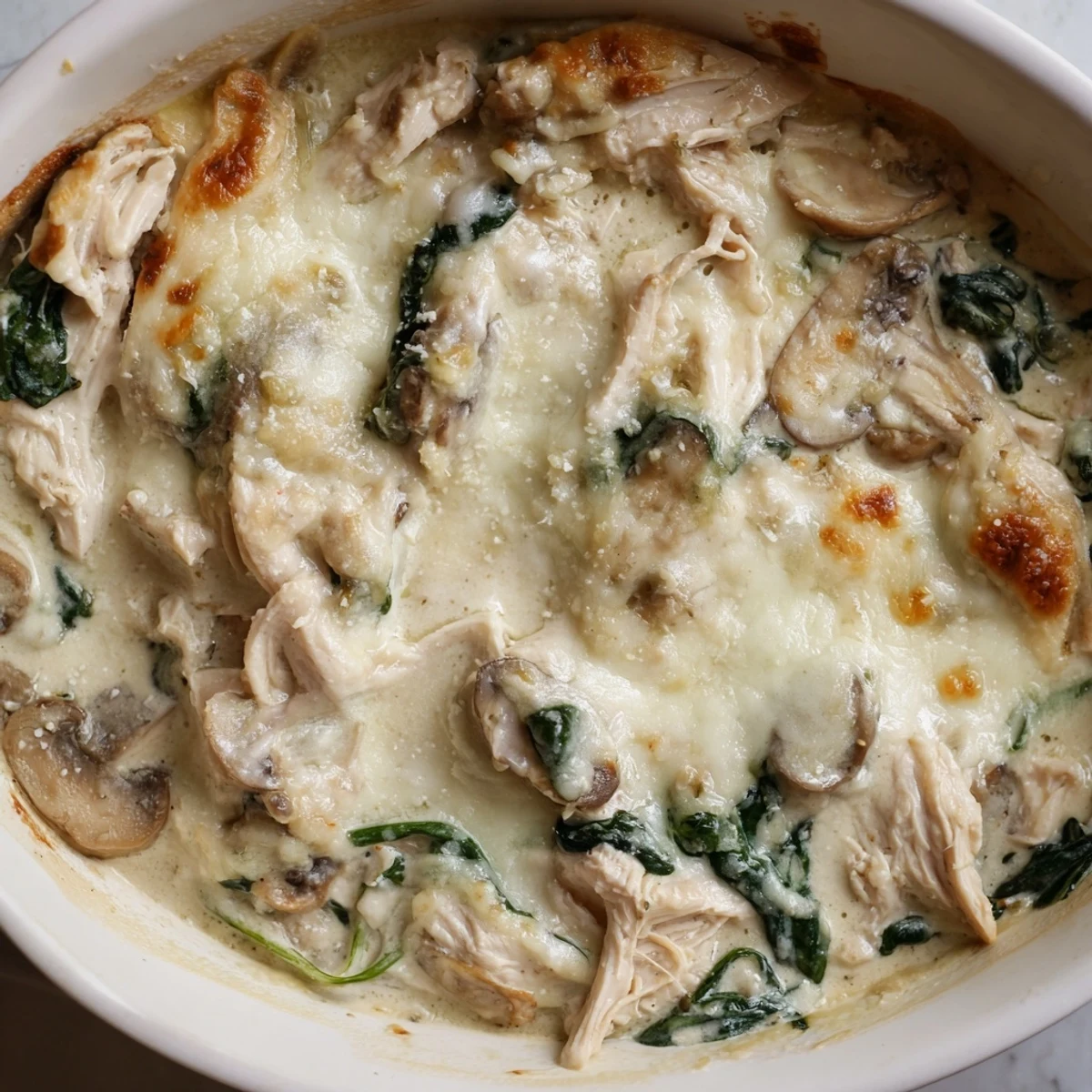 Sliced low carb chicken spinach mushroom bake plated showing layers of vegetables and cheesy white sauce