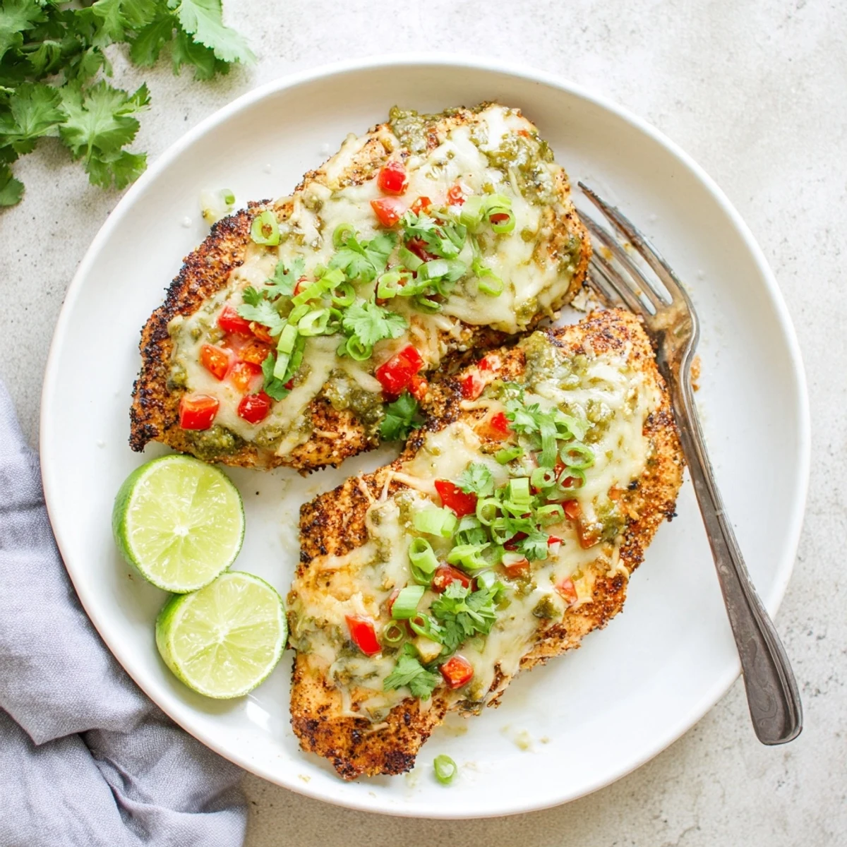 Juicy grilled chicken breasts topped with zesty salsa verde and melted pepper jack cheese