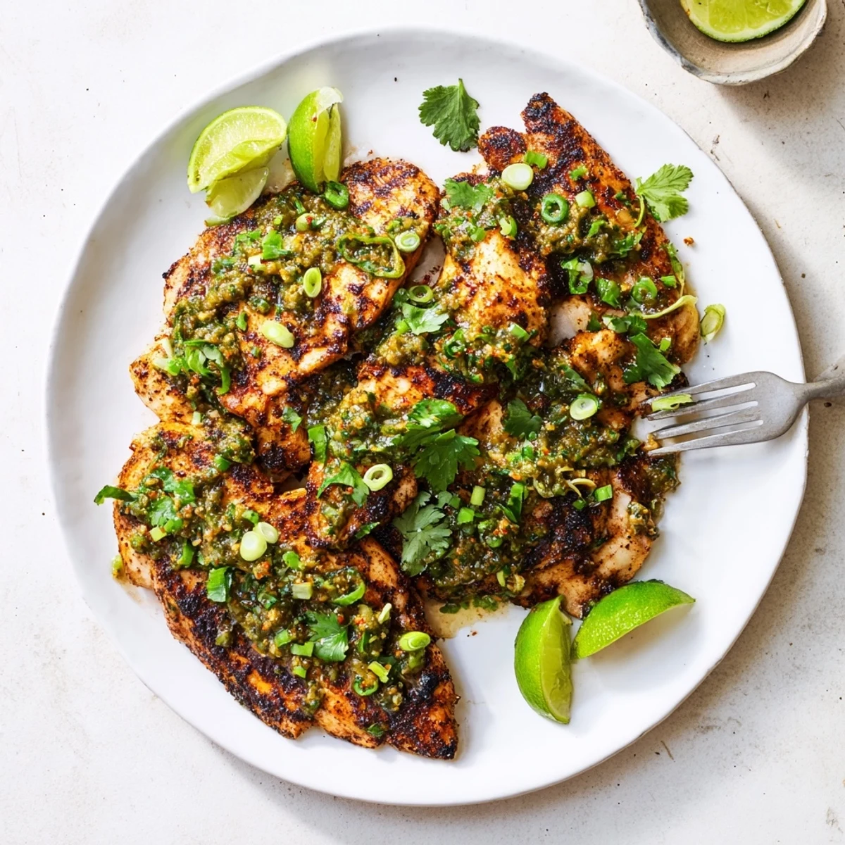 Golden grilled chicken glazed with green salsa and bubbling pepper jack on a platter