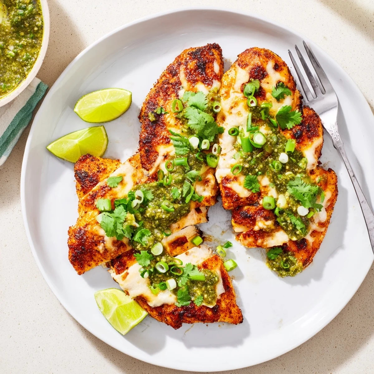Sizzling grilled salsa verde pepper jack chicken garnished with cilantro and fresh lime wedges