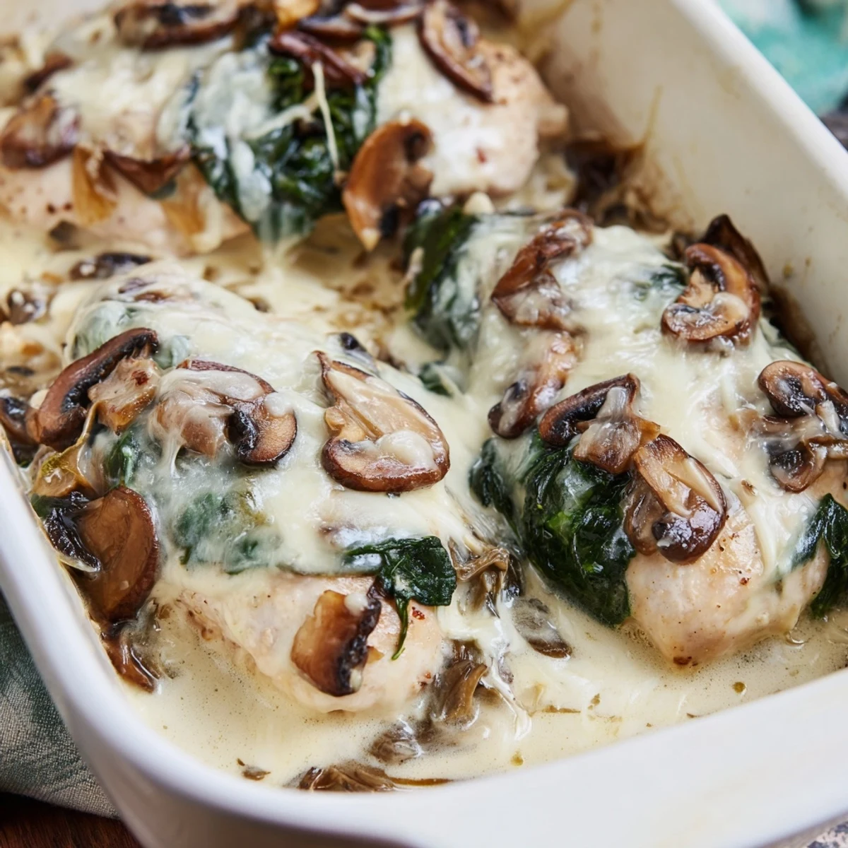Golden melted mozzarella covers tender chicken breasts nestled with sautéed mushrooms and spinach in this low carb chicken spinach mushroom bake