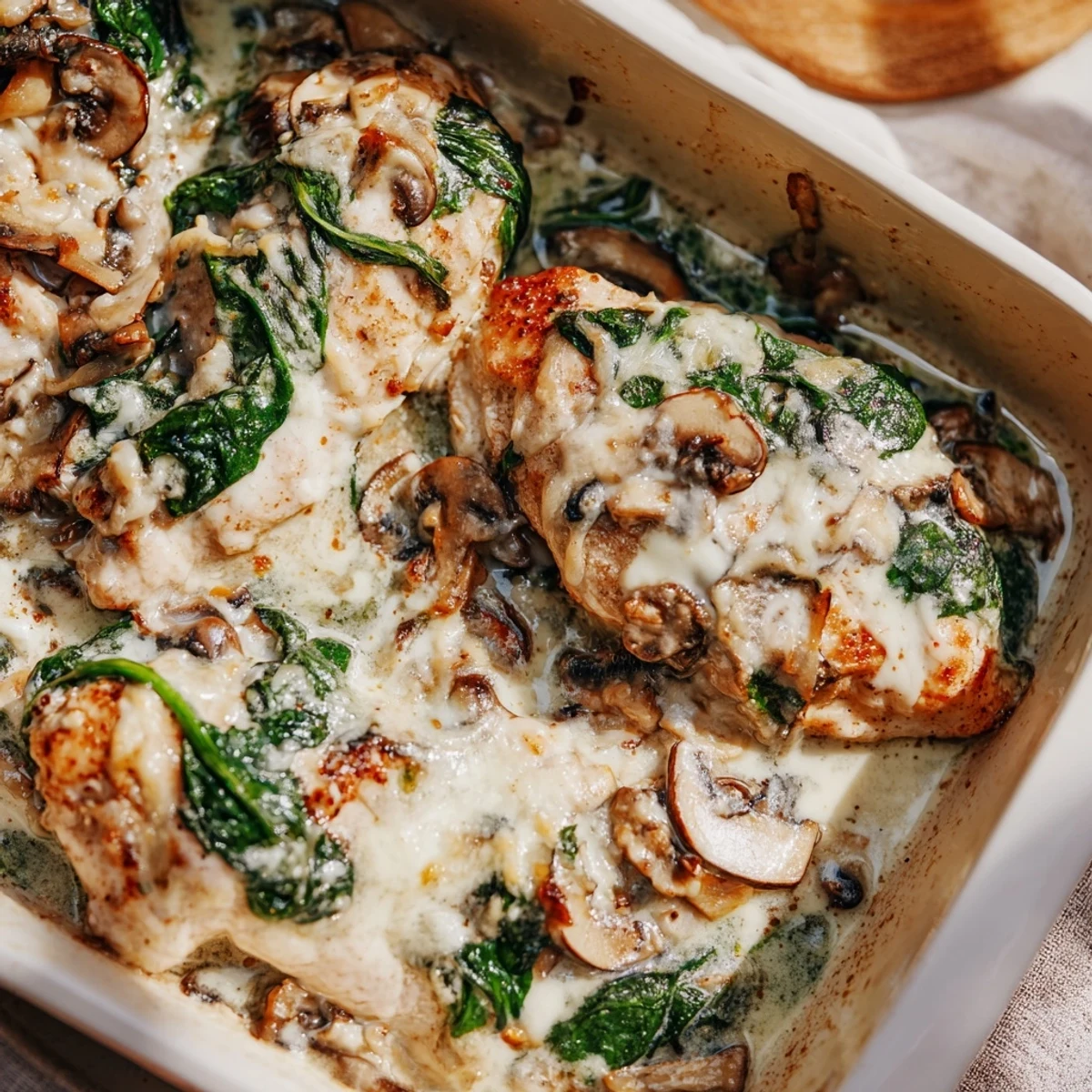 Creamy baked casserole featuring golden chicken paired with savory mushrooms fresh spinach and melted mozzarella in this low carb chicken spinach mushroom bake