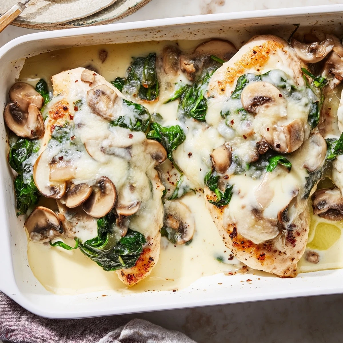 Bubbling creamy cheese tops juicy seared chicken mixed with earthy mushrooms and wilted spinach in a low carb chicken spinach mushroom bake casserole