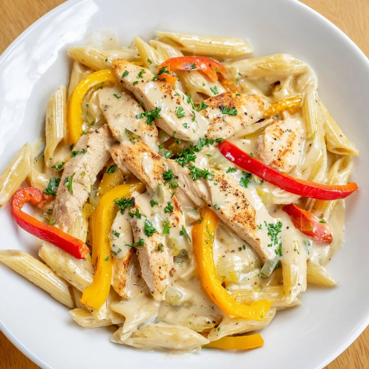 Creamy Cajun Chicken Penne Pasta featuring tender spiced chicken slices tossed in a rich parmesan cream sauce with colorful bell peppers