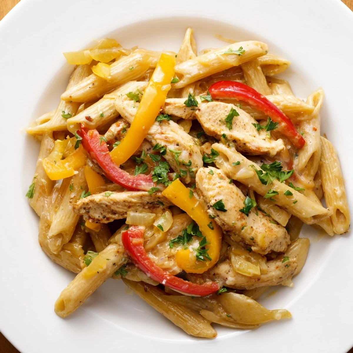 Savory Cajun chicken penne pasta bowl loaded with sliced peppers, onions, and melted parmesan in a thick creamy sauce