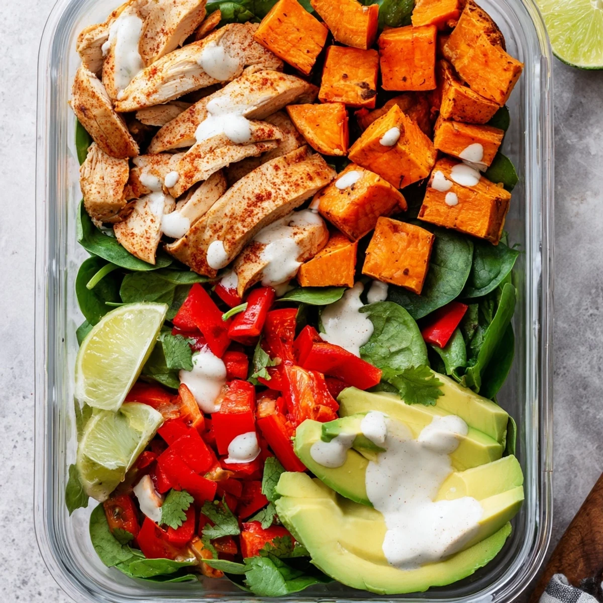 Golden roasted chicken breast and tender sweet potato cubes arranged in a colorful meal prep bowl with fresh spinach and vibrant vegetables