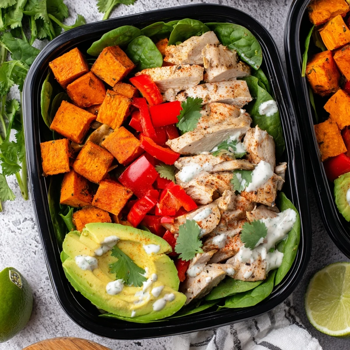Chicken sweet potato bowl featuring juicy spiced chicken alongside roasted sweet potatoes, red bell pepper, and creamy avocado slices