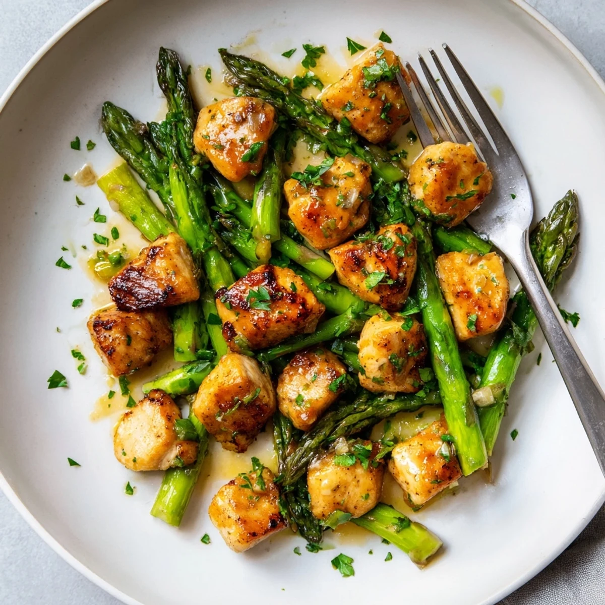 Golden brown garlic butter chicken bites with vibrant green asparagus pieces in a rich buttery sauce