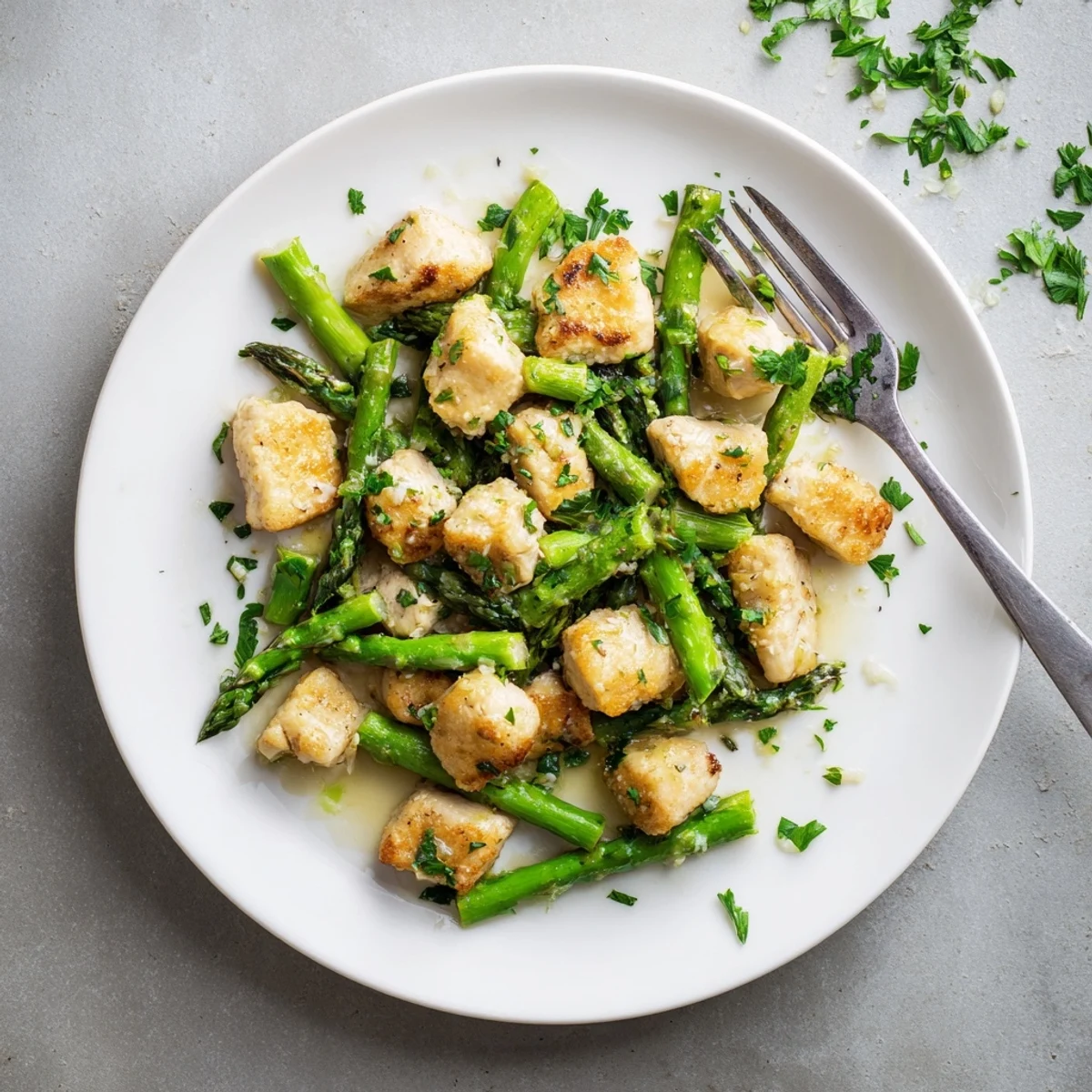 Tender seared chicken pieces and crisp asparagus spears tossed in fragrant garlic butter with fresh parsley