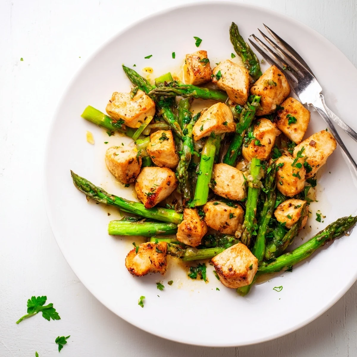 Savory chicken bites with asparagus swimming in a golden garlic butter sauce ready for serving