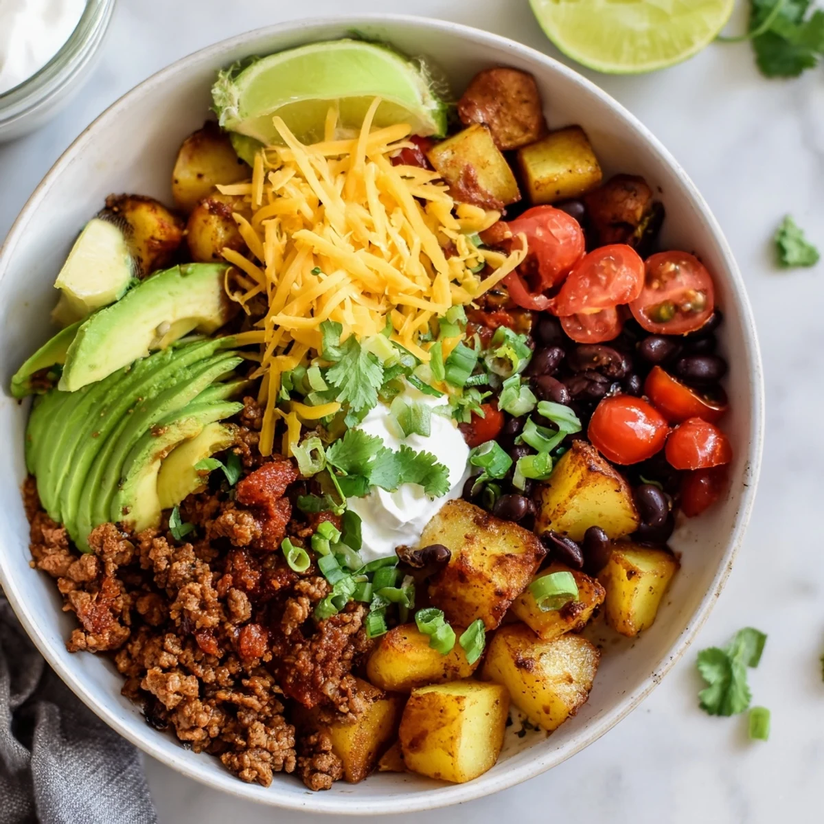 Golden roasted potatoes topped with seasoned ground beef and fresh Tex-Mex toppings in a ground beef potato taco bowl