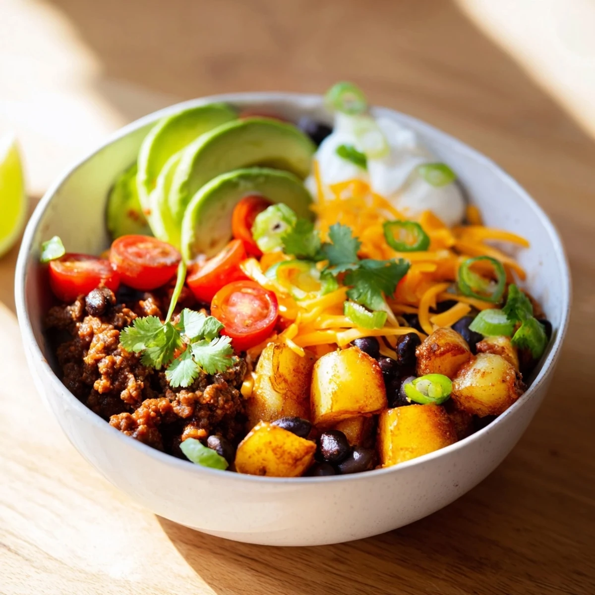 Hearty ground beef potato taco bowl with crispy spiced potatoes melted cheese and colorful garnishes