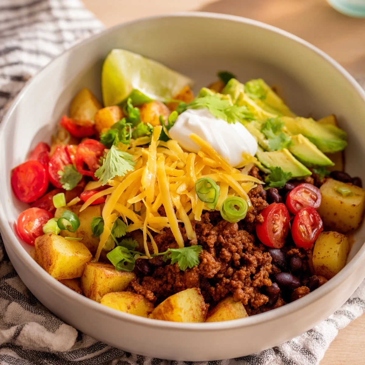 Colorful ground beef potato taco bowl served with ripe avocado cherry tomatoes and creamy sour cream