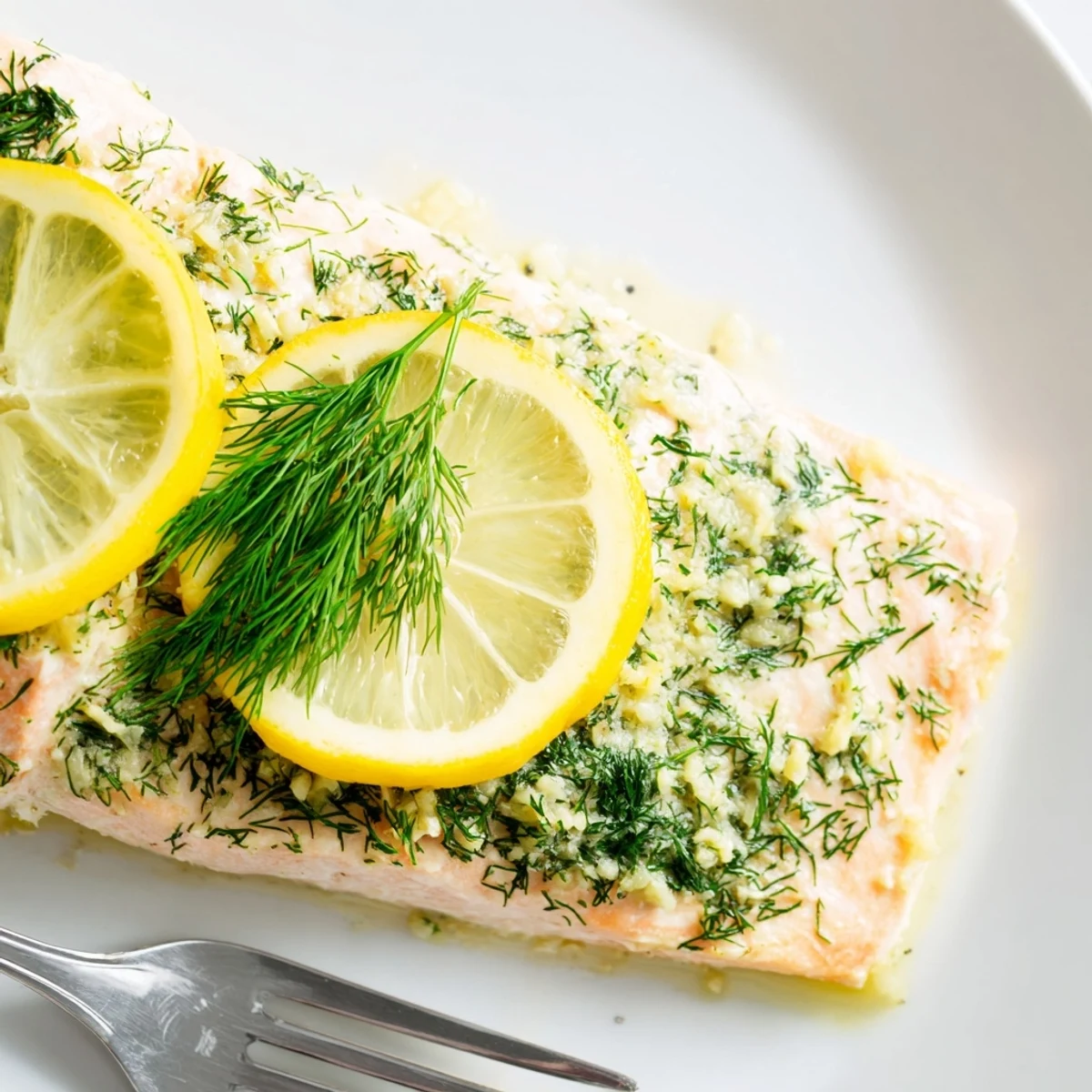 Golden baked dill and lemon salmon fillet garnished with fresh herbs on a white plate