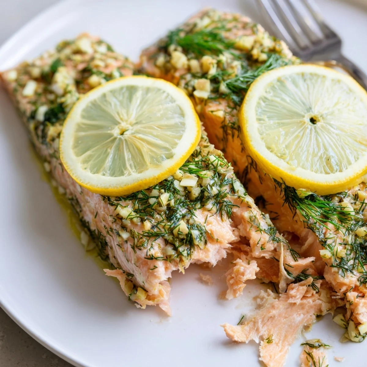 Flaky pink salmon baked with bright lemon slices and chopped dill, ready to serve