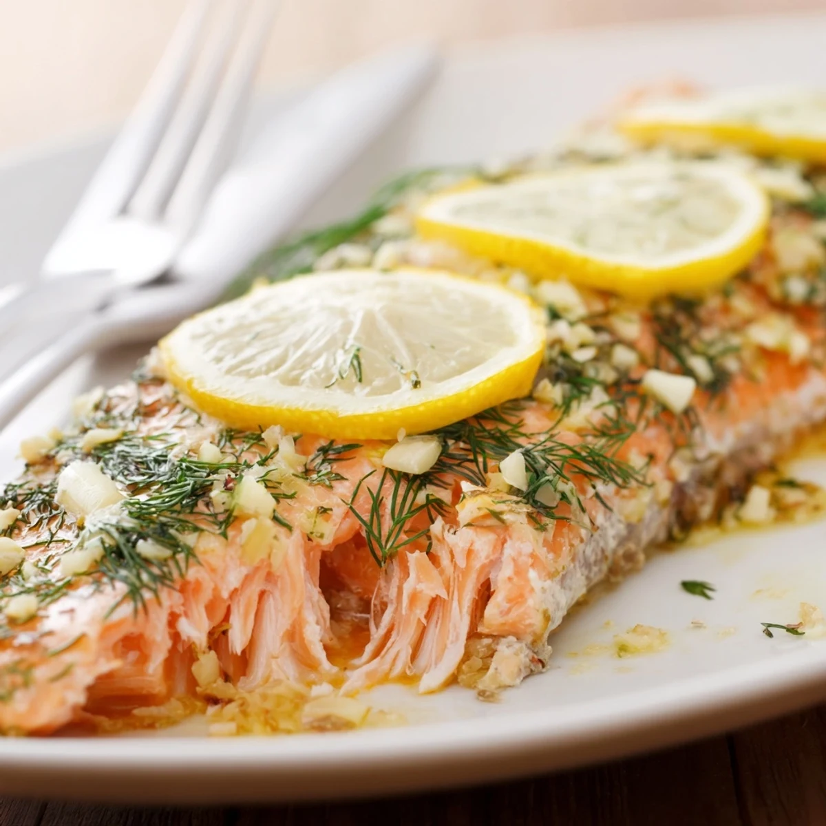 Perfectly oven-baked salmon featuring aromatic dill and citrus lemon zest on a serving platter