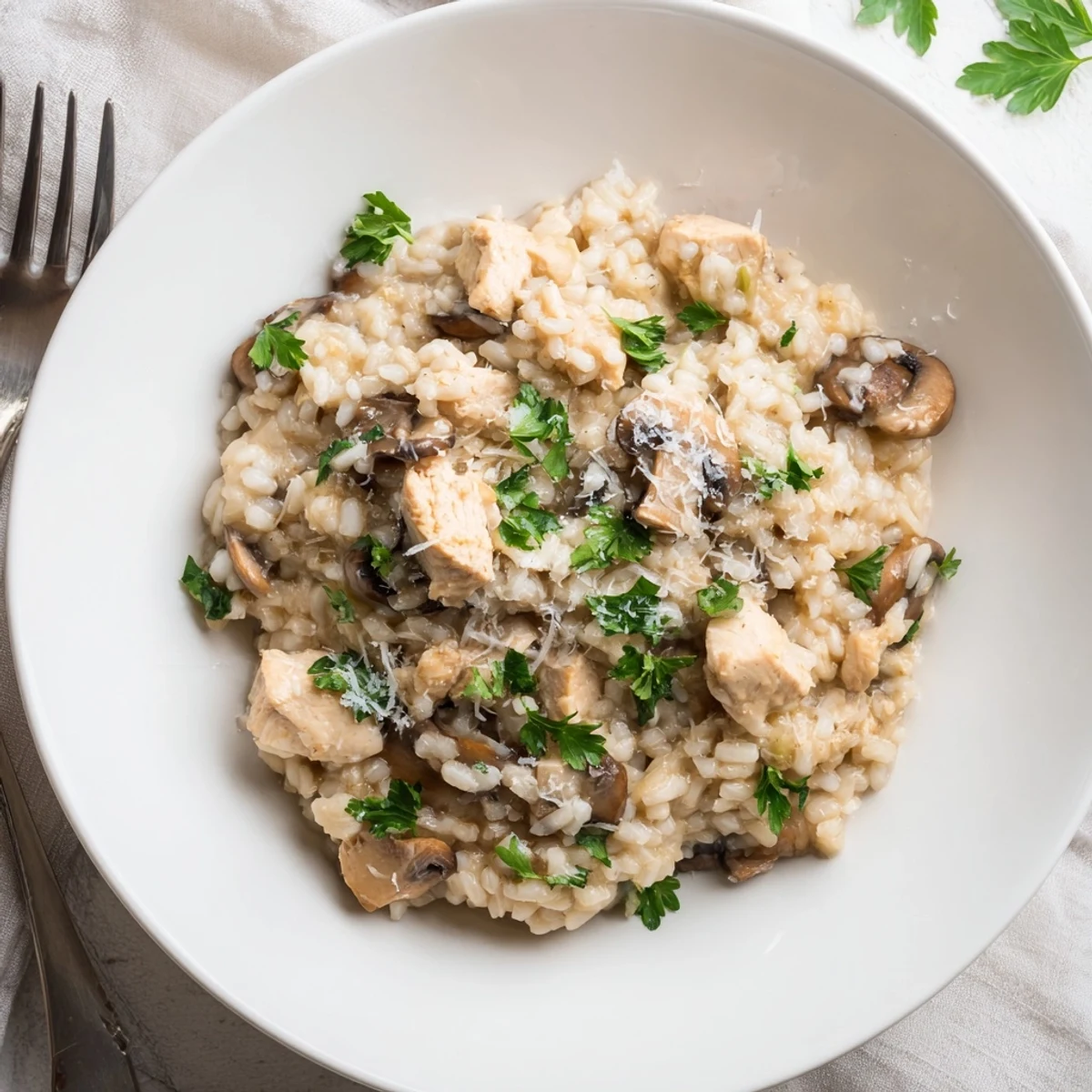 Creamy chicken and mushroom baked risotto topped with fresh parsley and grated Parmesan cheese in a white serving bowl