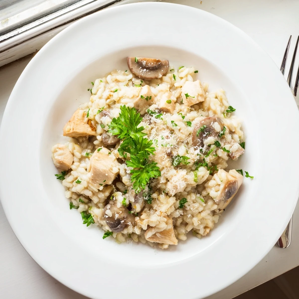 Steaming oven-baked risotto featuring tender diced chicken, sliced cremini mushrooms, and fragrant thyme garnished with herbs