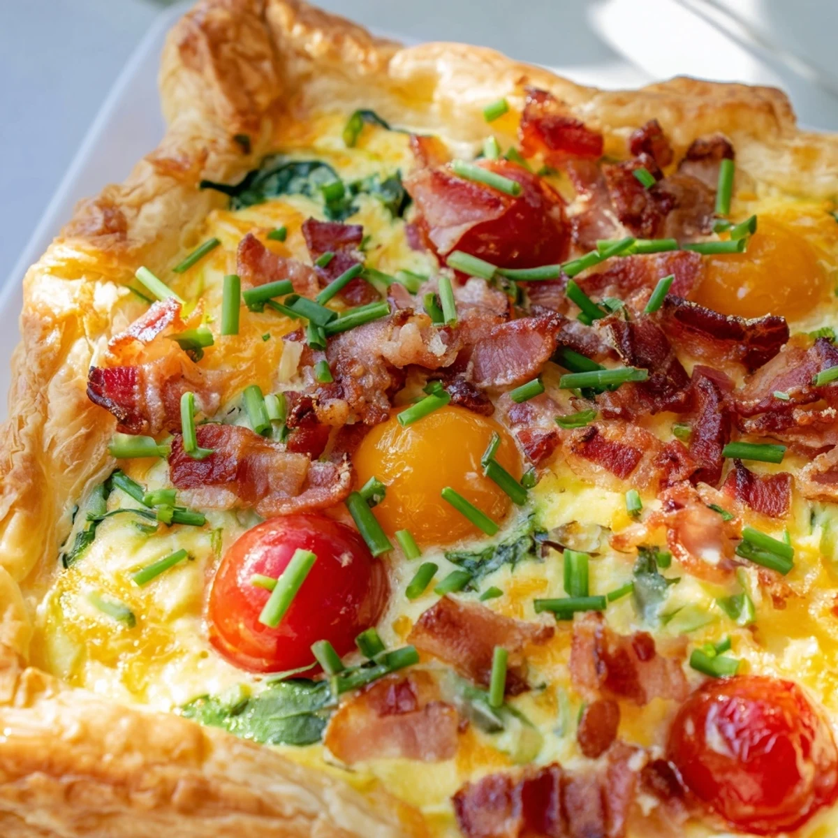 Savory family breakfast tart featuring creamy egg filling crisp bacon and melted cheddar cheese