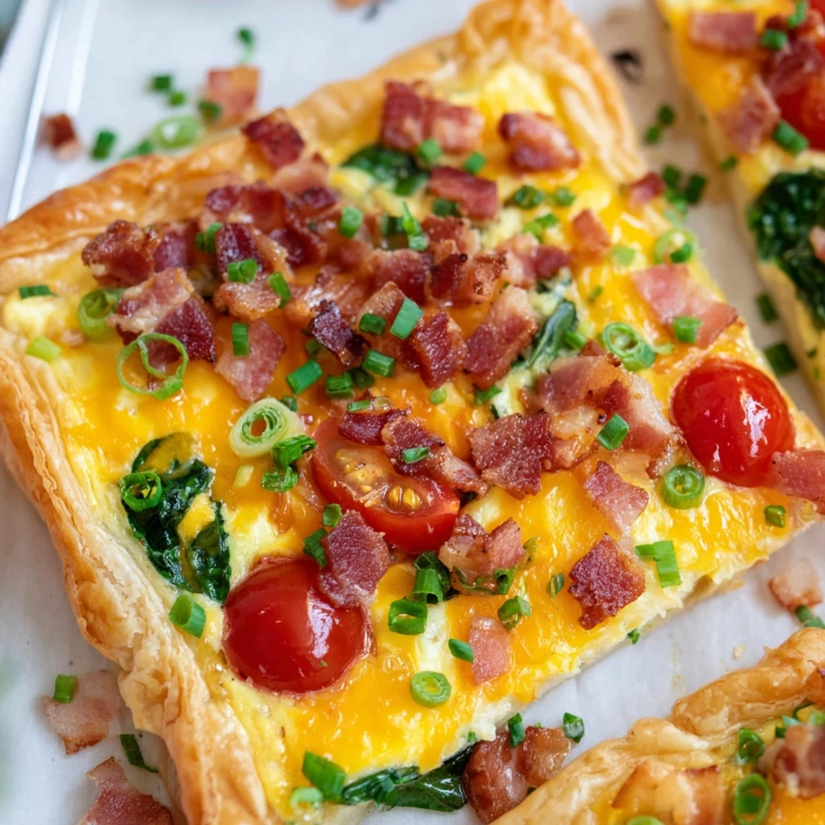 Warm sliced family breakfast tart garnished with fresh chives ready for weekend brunch gathering
