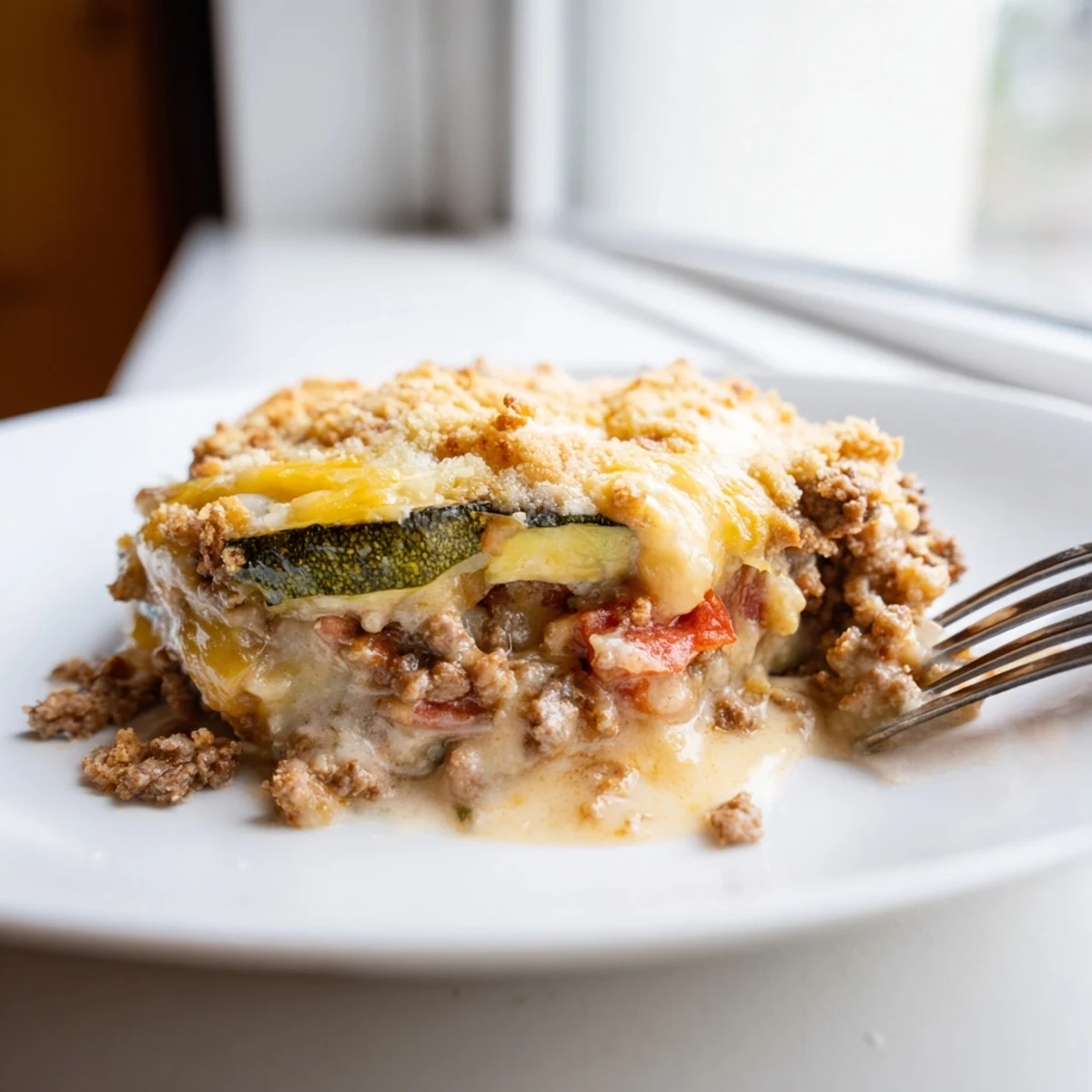 Golden bubbly cheesy beef zucchini casserole with melted cheddar and fresh zucchini slices