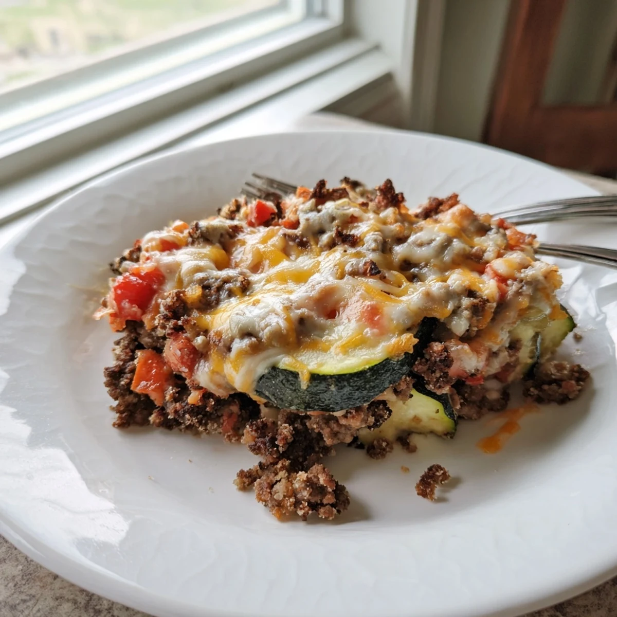 Layered cheesy beef zucchini casserole dish with tender vegetables and rich cheese sauce