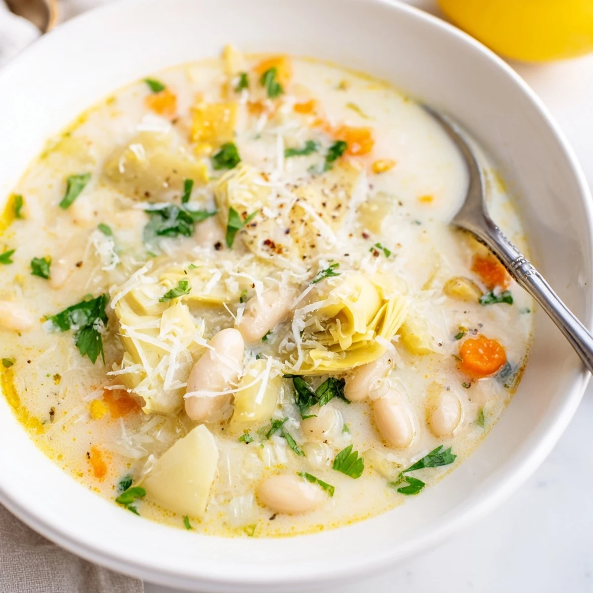 Creamy Lemony Tuscan Artichoke Soup with tender chunks and vibrant fresh parsley garnish