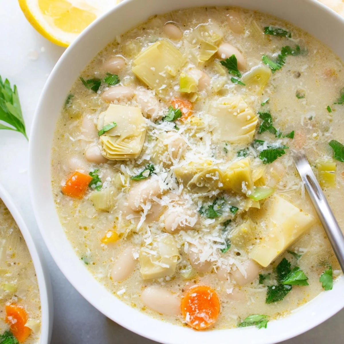 Golden vegetable broth soup featuring cannellini beans and quartered artichoke hearts with herb swirls