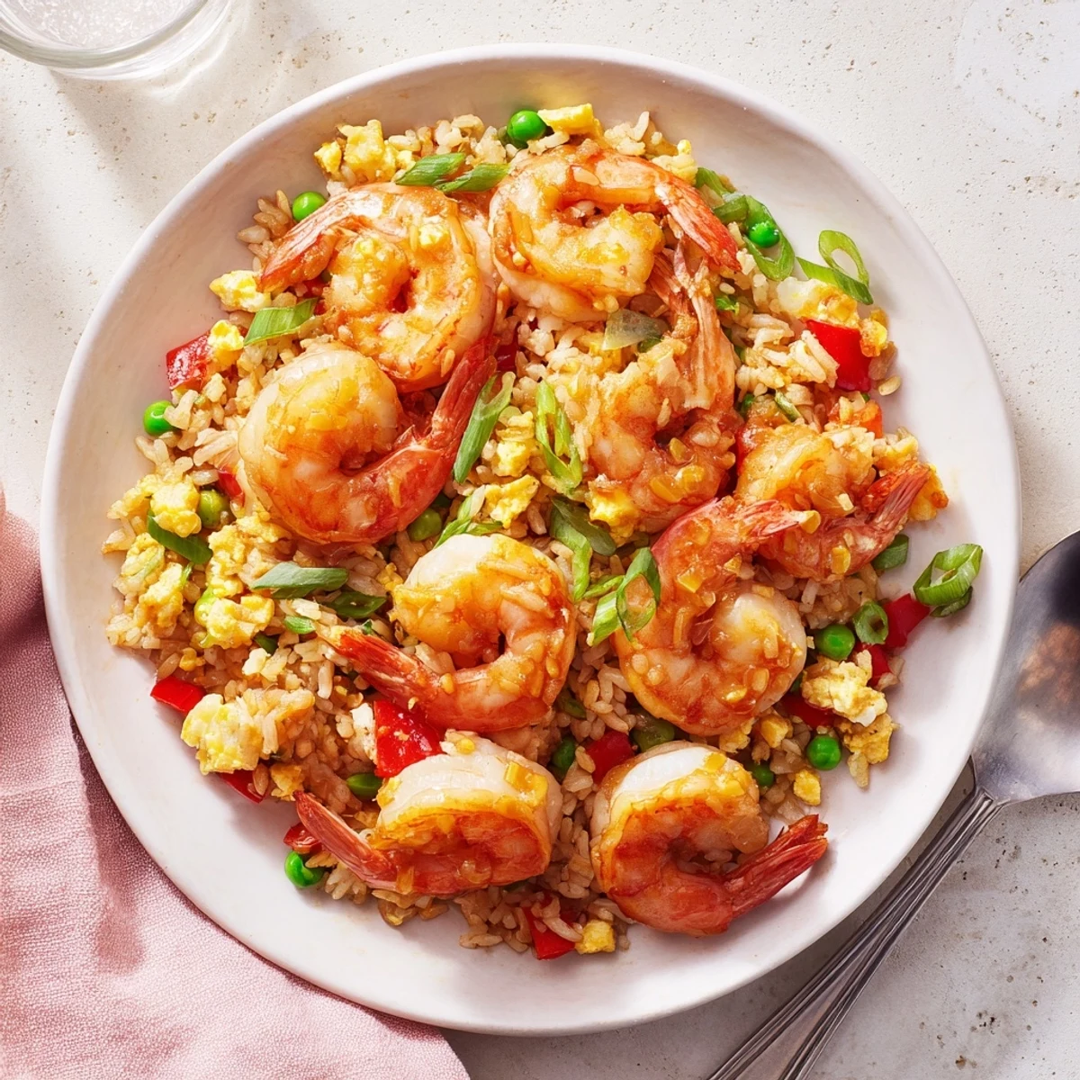 Golden garlic butter prawns atop colorful sweet chilli fried rice with vibrant vegetables