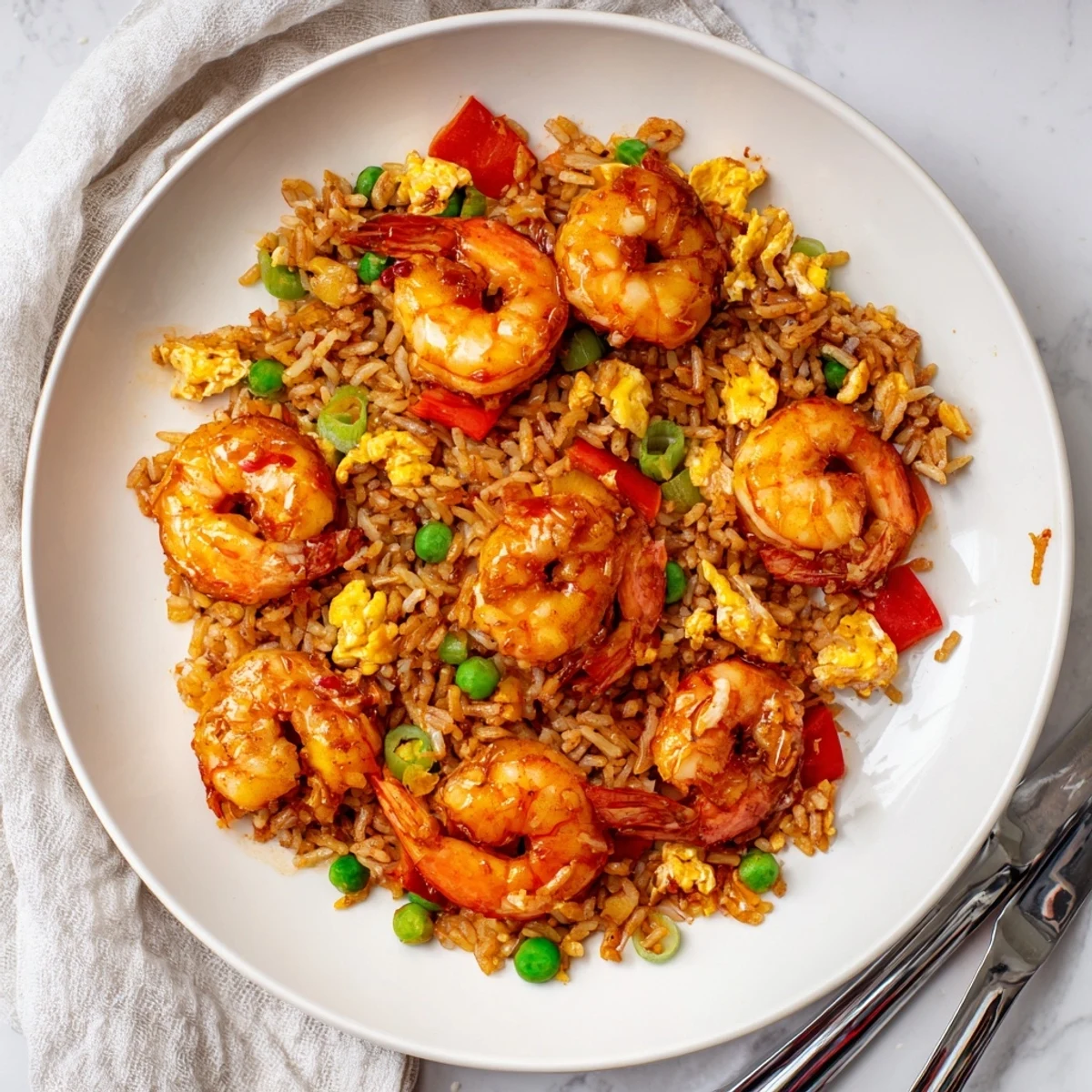 Garlic prawns served over fragrant jasmine rice tossed with sweet chilli sauce and peas