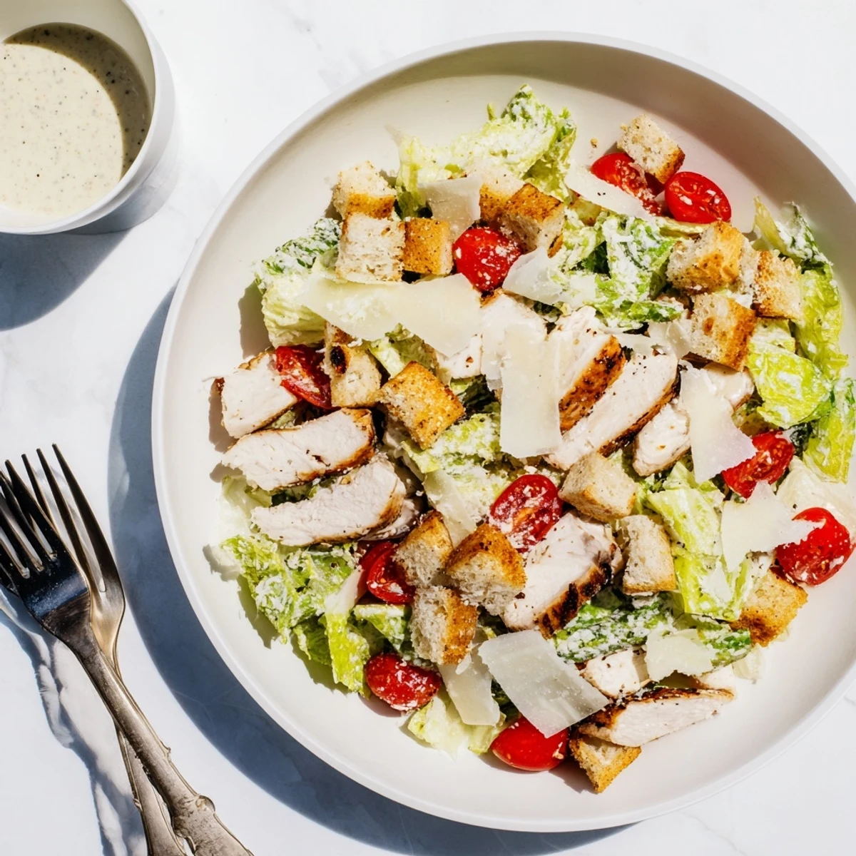 Sliced juicy grilled chicken atop classic Caesar salad with shaved Parmesan and crunchy homemade croutons on a white plate