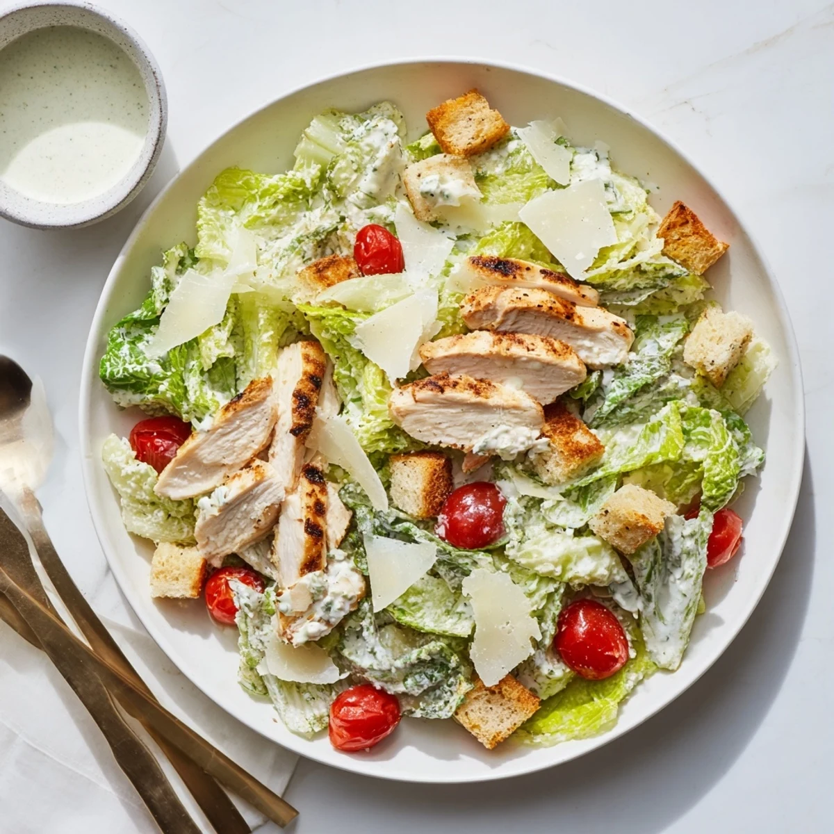 Fresh grilled chicken Caesar salad featuring crisp romaine lettuce, golden croutons, and creamy dressing in a large serving bowl