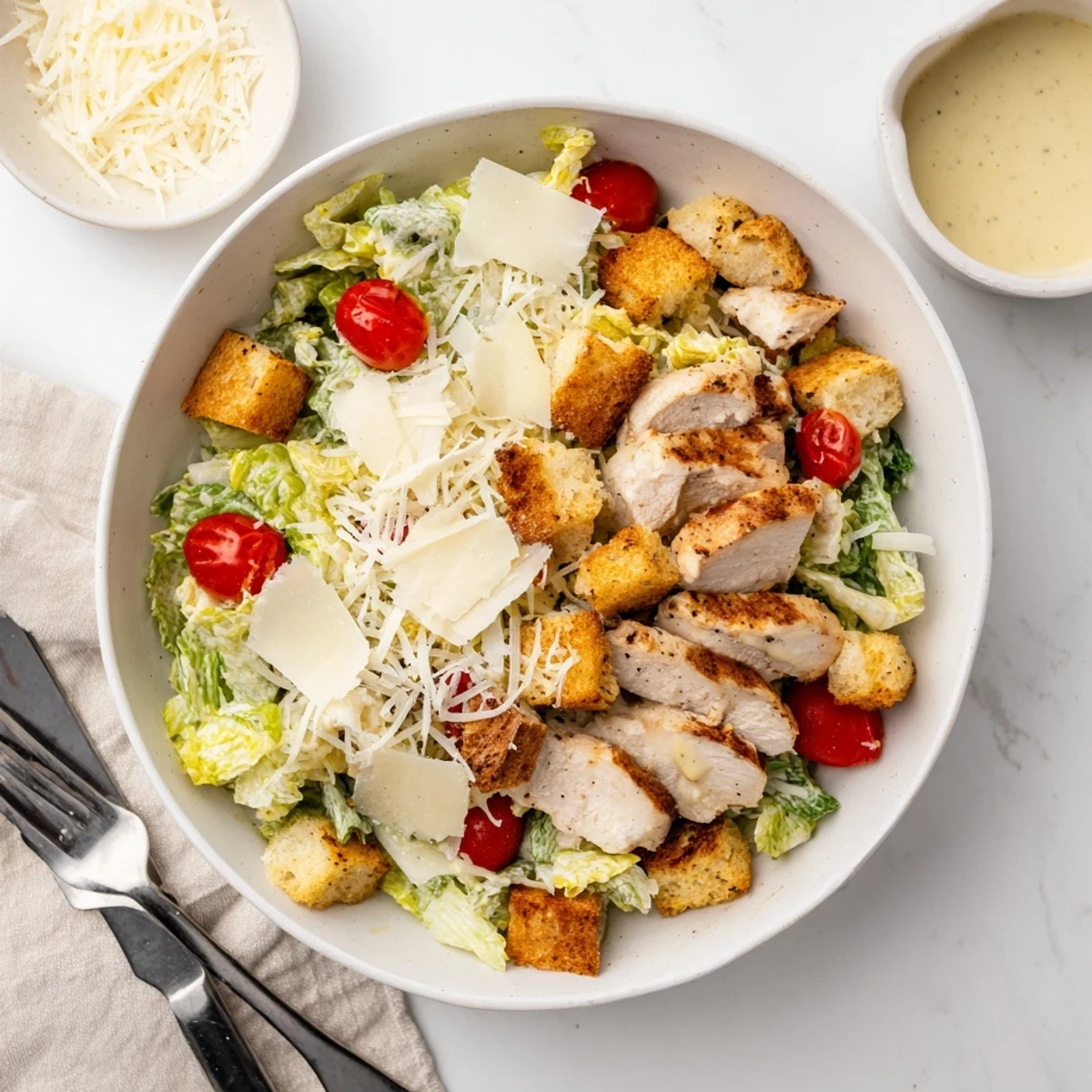 Best chicken Caesar salad recipe with tender grilled breast strips, crisp romaine, cherry tomatoes, and tangy homemade Caesar dressing