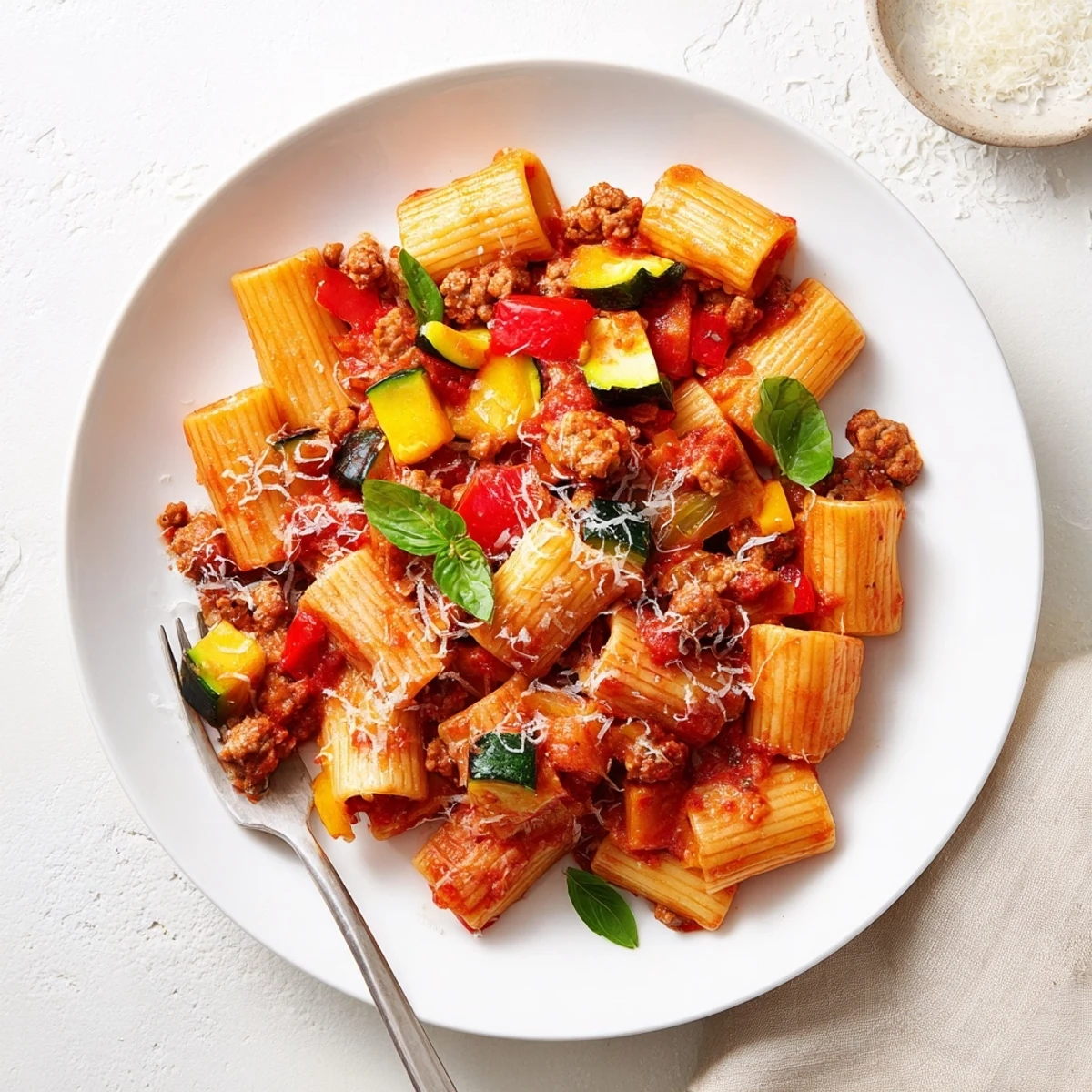 Golden one pot sausage pasta in a white bowl topped with fresh basil leaves