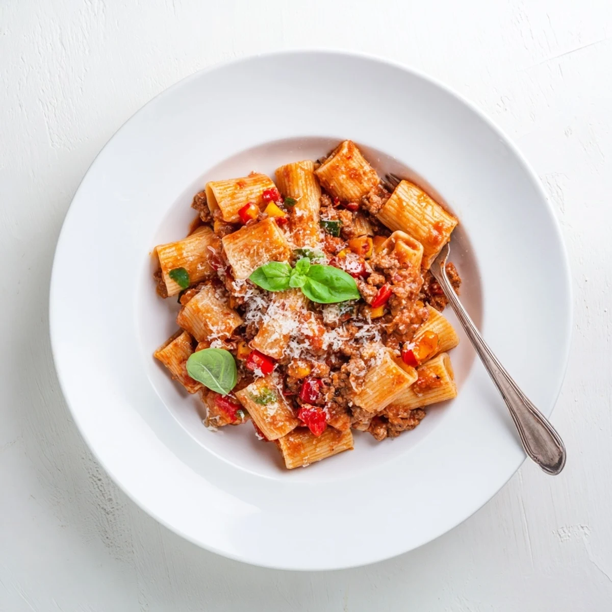 Creamy tomato sausage pasta with penne and parmesan garnish on a rustic wooden table