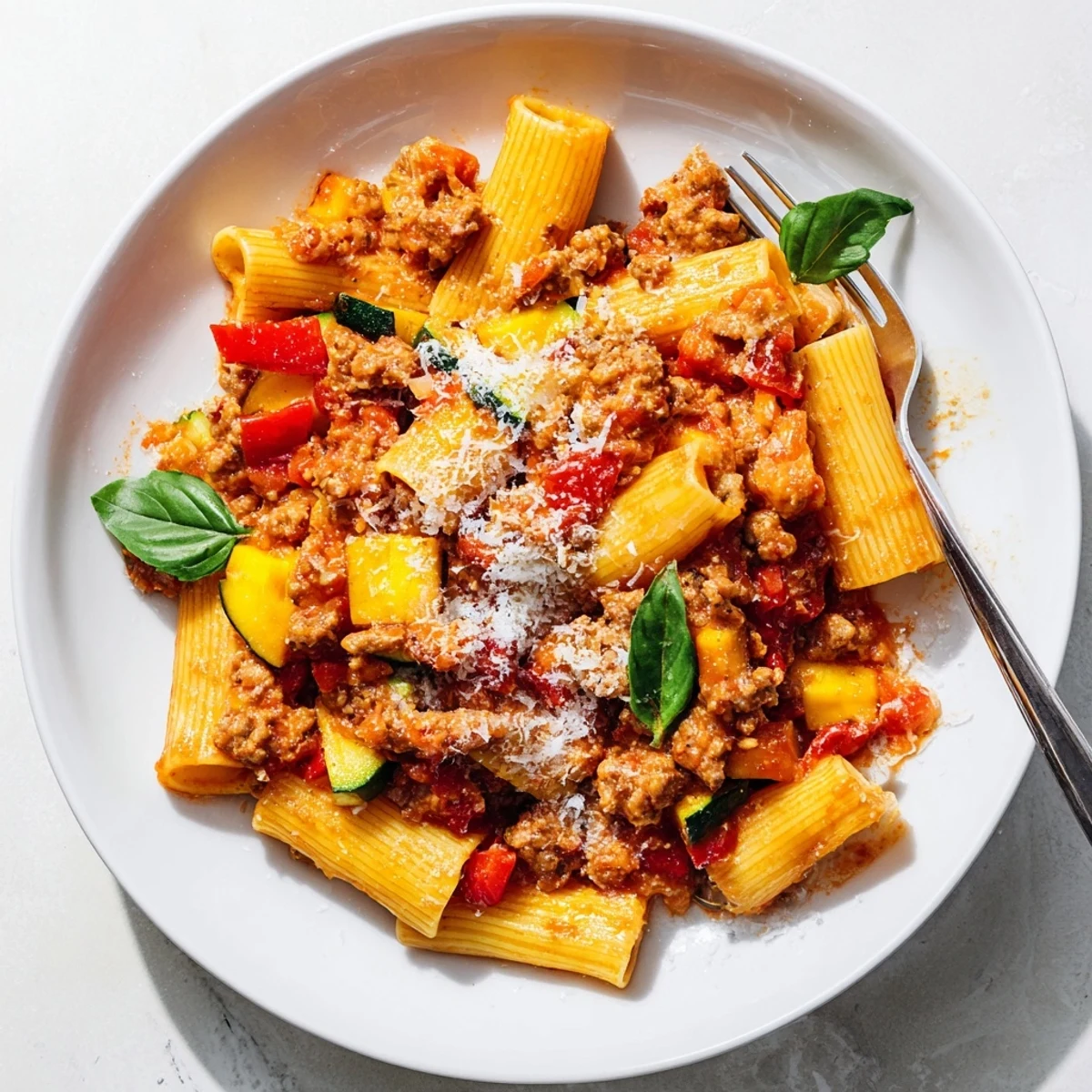 Steaming one pot sausage pasta with vegetables and melted cheese ready for dinner