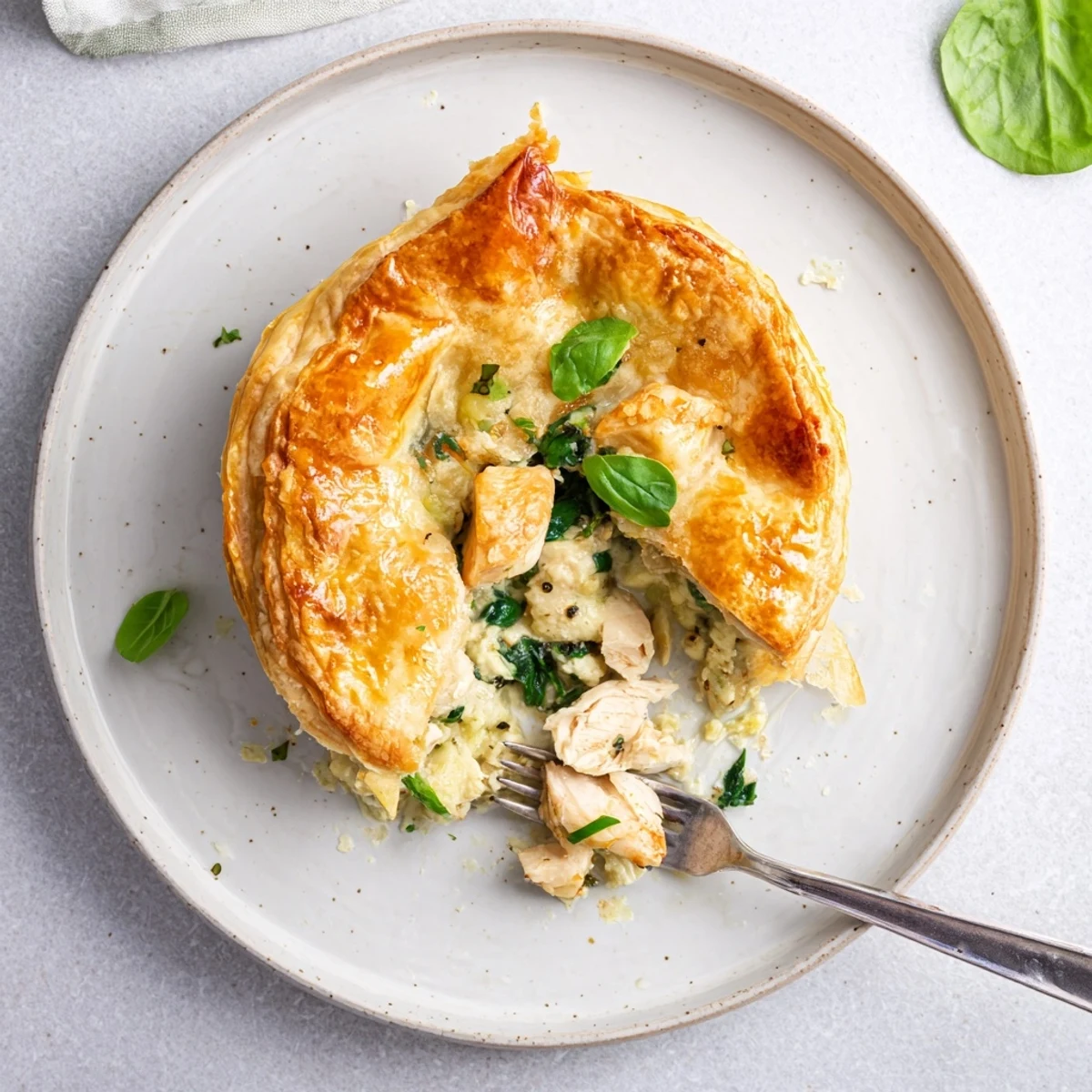 Sliced chicken ricotta herb pie revealing creamy spinach filling on white plate