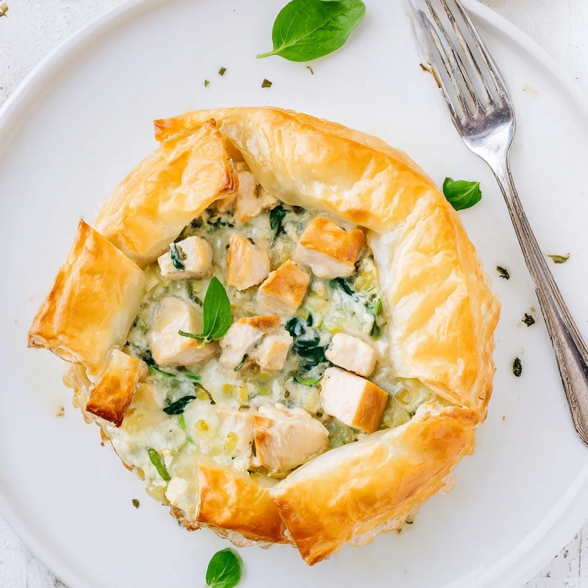 Baked chicken ricotta herb pastry pie with golden brown crimped edges