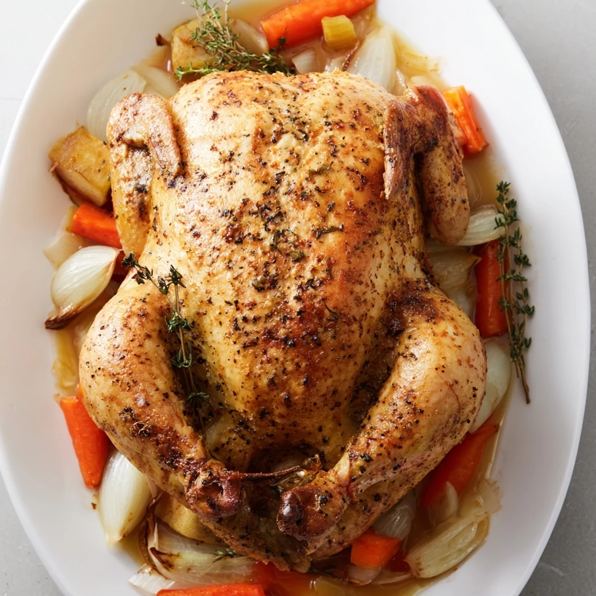 Golden roast garlic and lemon chicken with crispy herb-seasoned skin glistening with juices