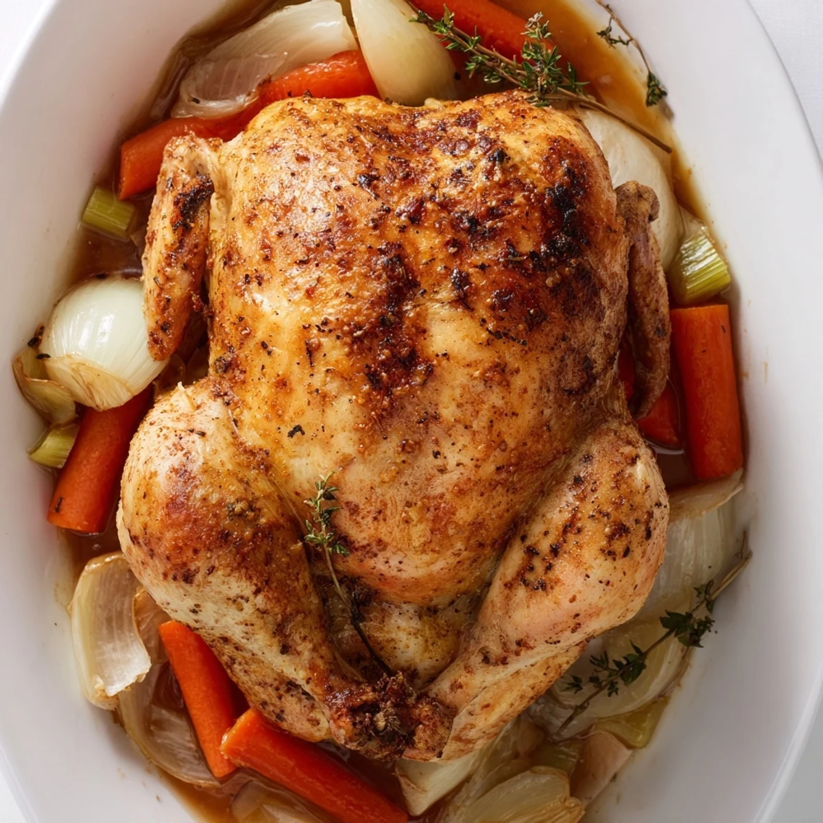 Whole roasted chicken surrounded by caramelized vegetables after roasting with garlic and lemon