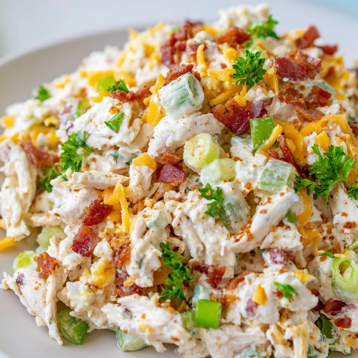 Creamy low carb jalapeño popper cottage cheese chicken salad topped with crispy bacon crumbles and fresh diced jalapeños