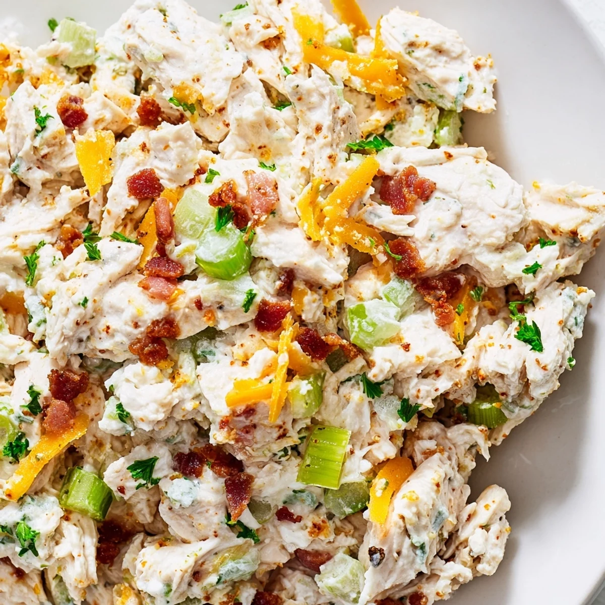 Garnished bowl of protein-packed jalapeño popper cottage cheese chicken salad served chilled with green onion and parsley