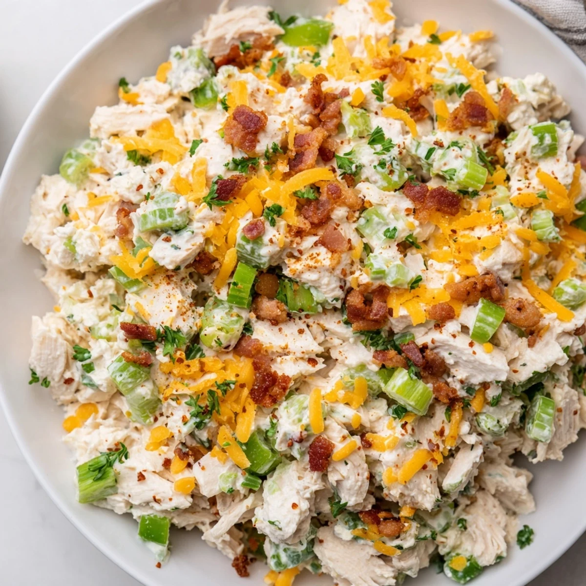 Spoonful of zesty cottage cheese chicken salad featuring melted cheddar, crunchy celery, and spicy jalapeño peppers