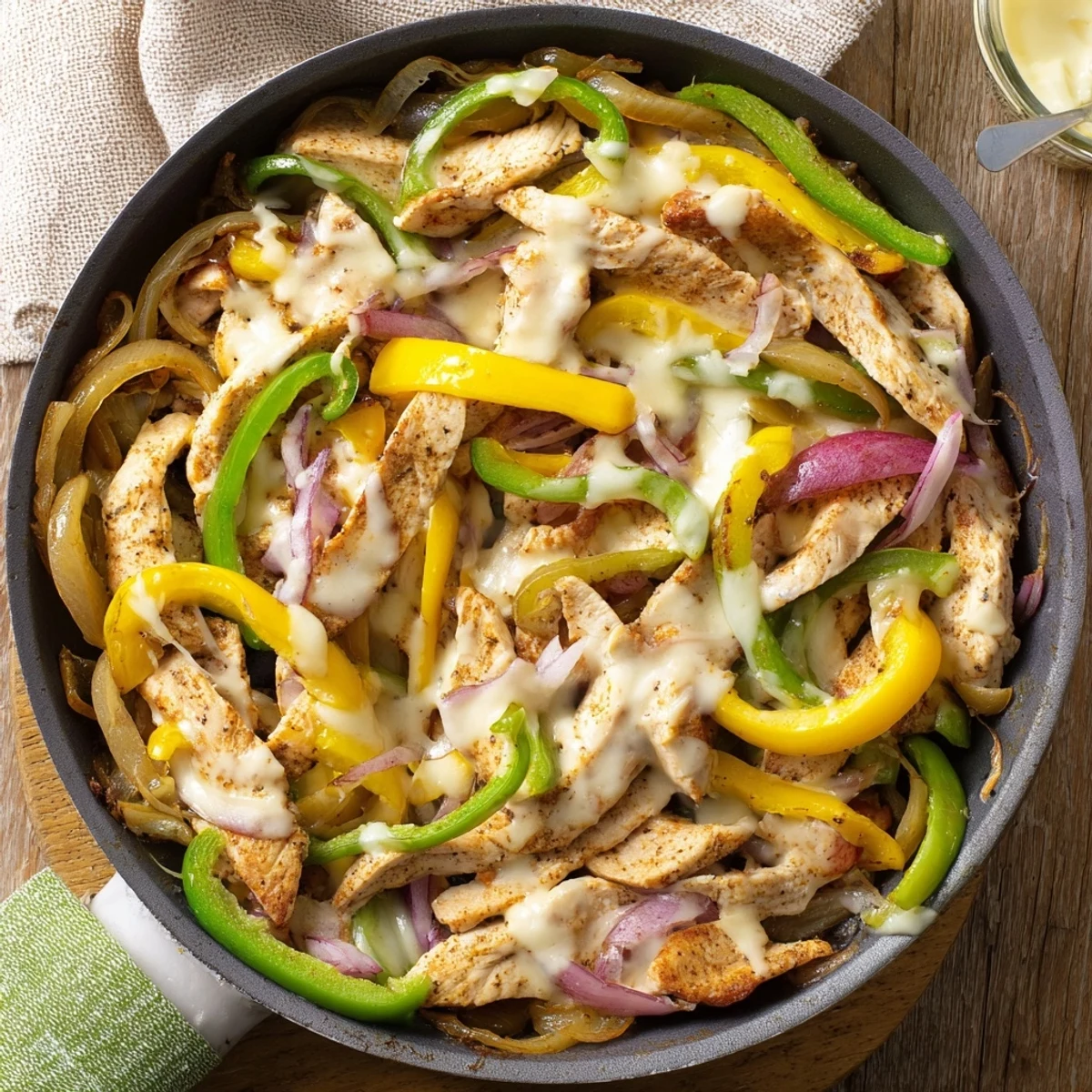 Golden chicken cheesesteak skillet bubbling with melted provolone over sautéed peppers and onions