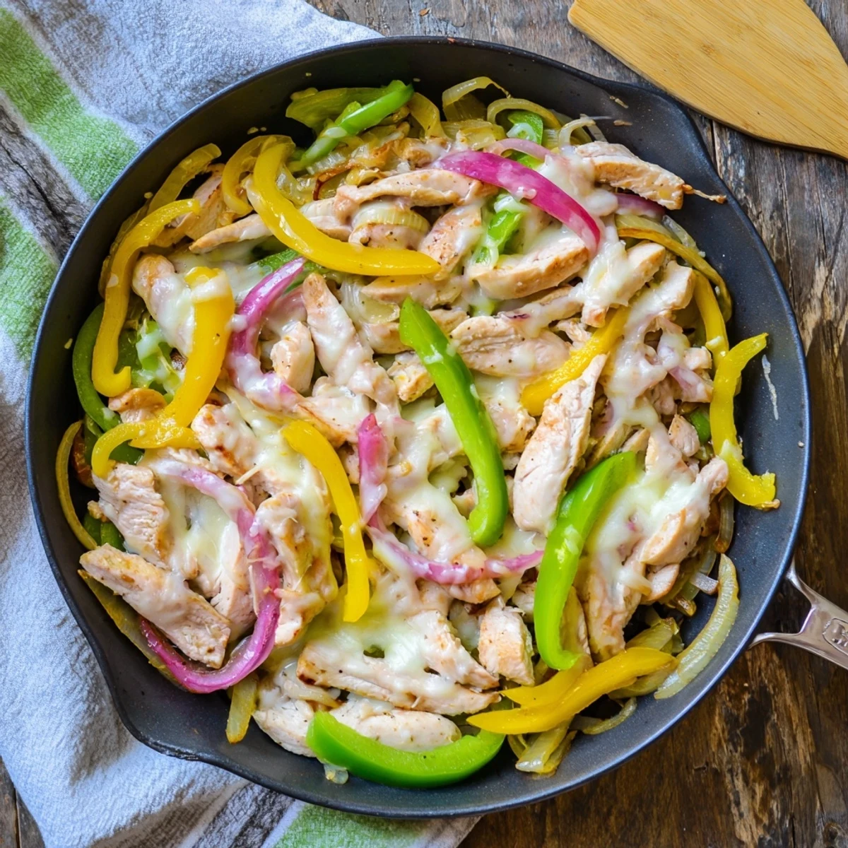 Savory chicken cheesesteak skillet sizzling in a cast iron pan with gooey melted cheese