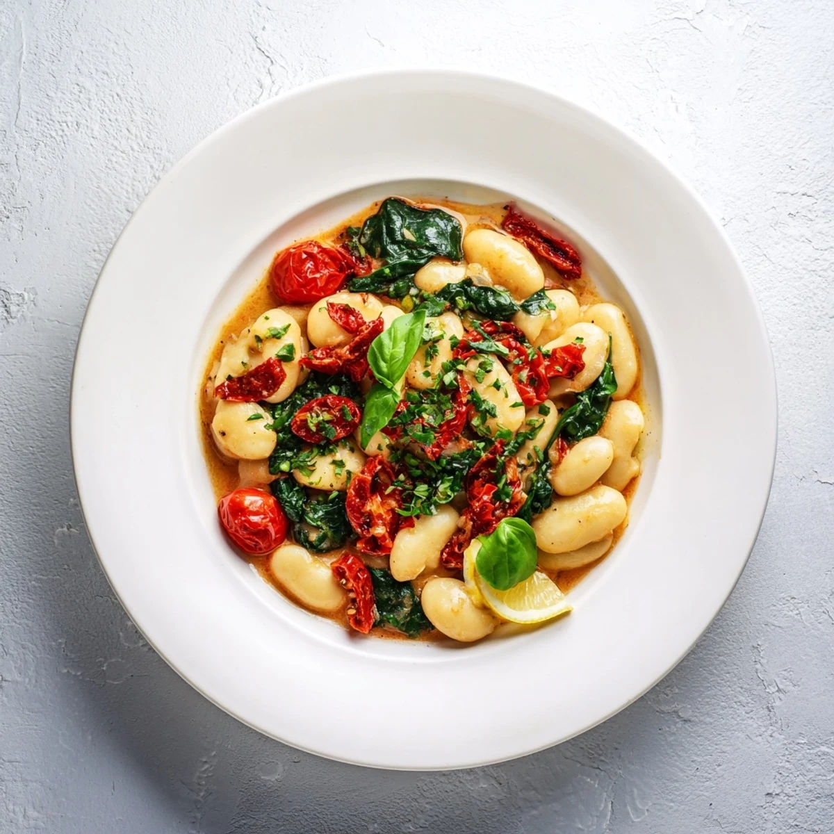 Golden Greek yogurt marry me butter beans in a rich red tomato sauce