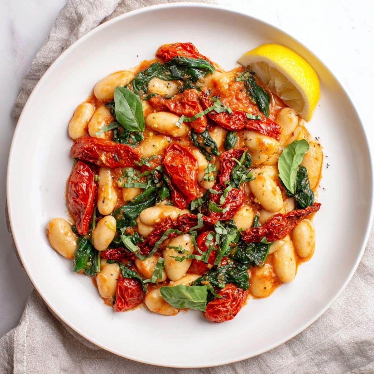 Heating skillet of Greek yogurt marry me butter beans with fresh basil garnish