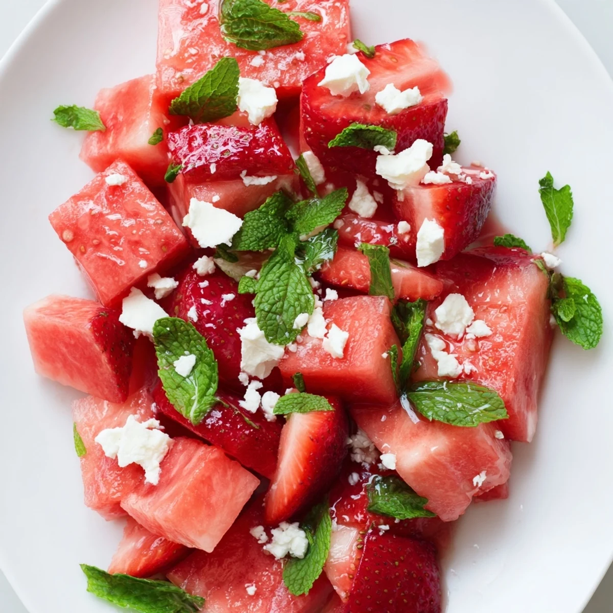 Colorful strawberry watermelon salad drizzled with honey lime vinaigrette and fresh mint leaves